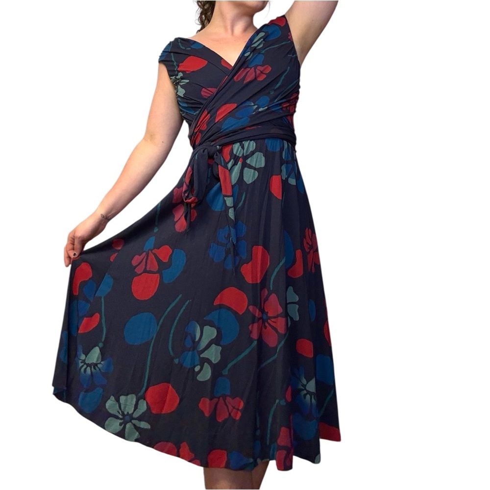 Marc Jacobs Navy Floral Midi Dress Size Small Faux Wrap Blue Red Cotton